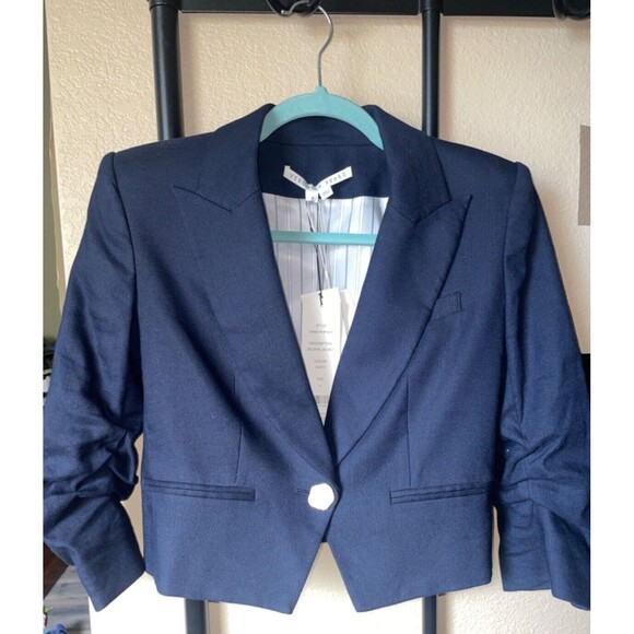 Veronica Beard Delpha Linen Blend Puff Shoulder Crop Blazer size 4 NWT Navy - Picture 2 of 7